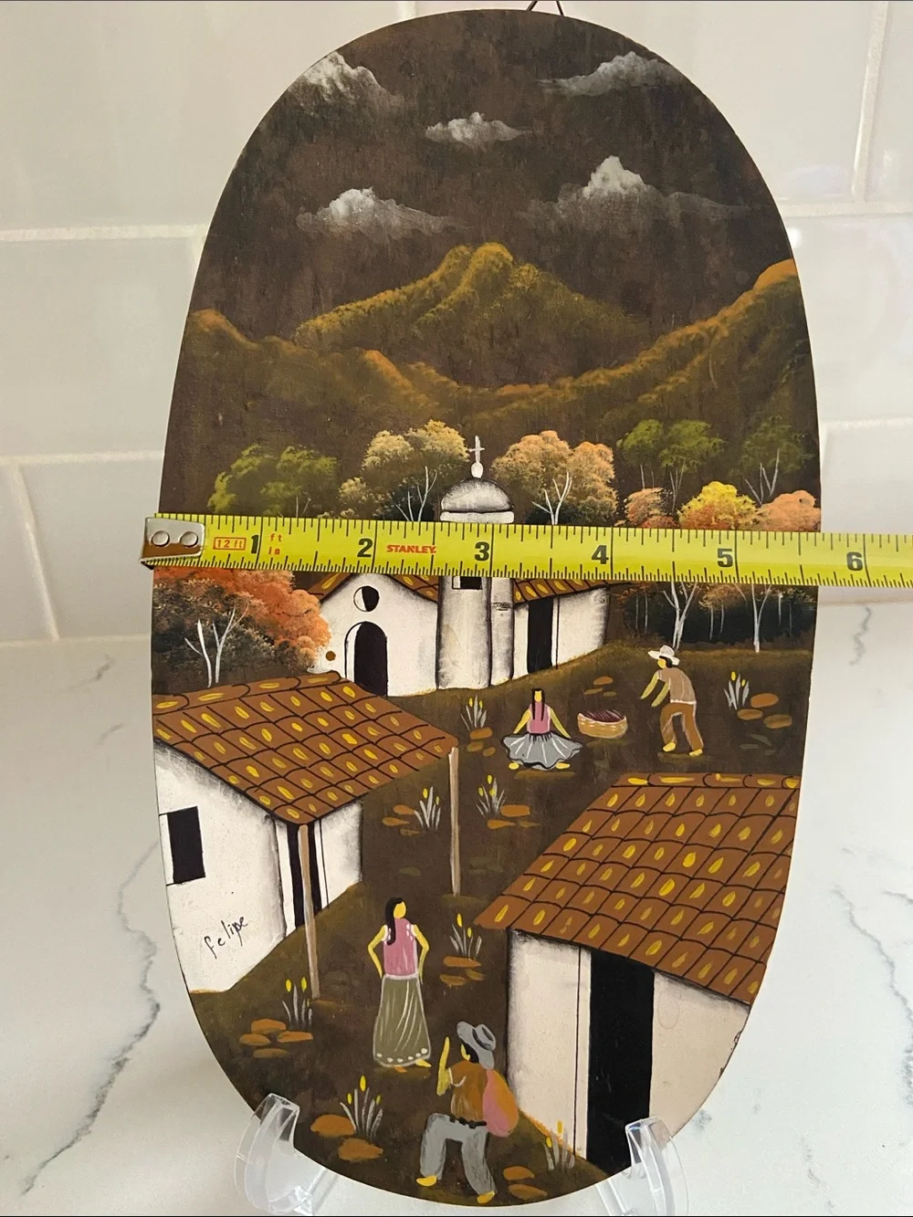 Vintage Felipe Hand Painted Folk Art Village Wood Wall Plaque 11